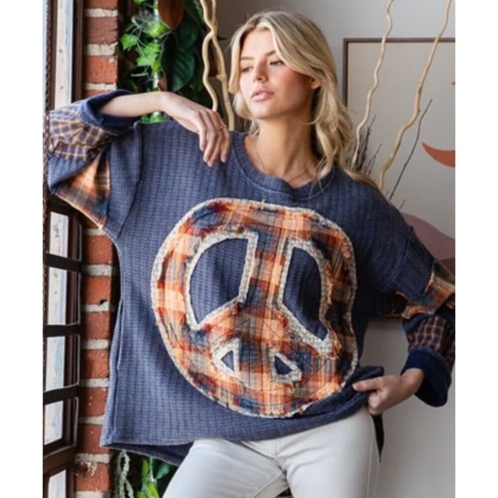 Oli & Hali top Peace sign oversized Sweater OLI HALI pockets plaid NWOT blue new - Picture 7 of 12